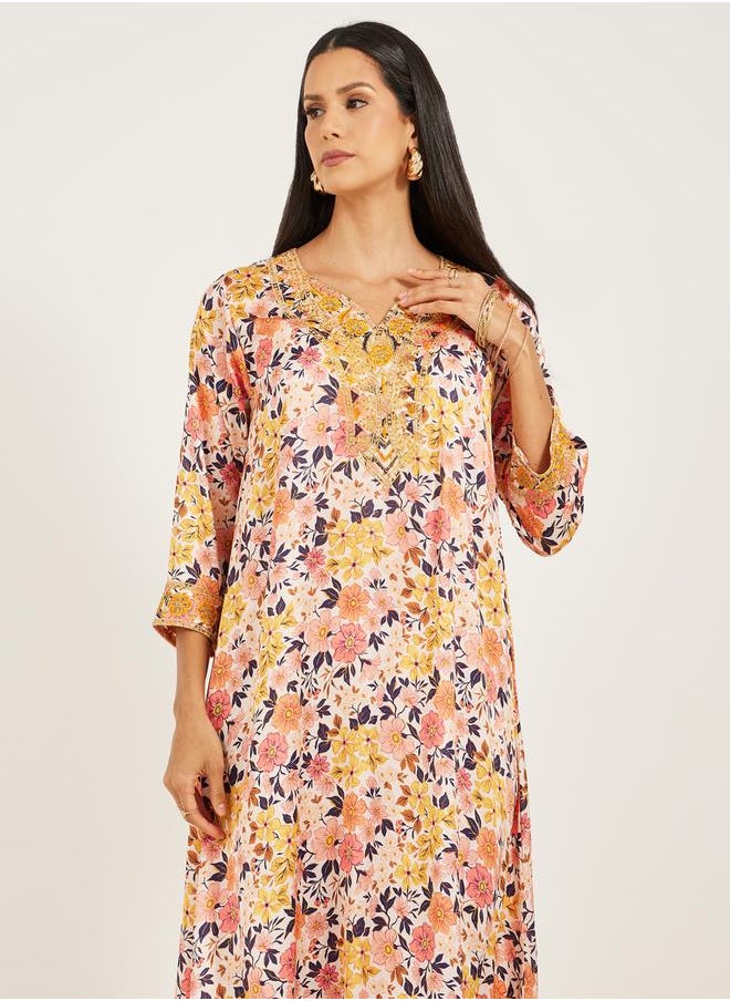 Maxim Creation Printed Embroidered V-Neck A-Line Kaftan by Styli  - Image 3