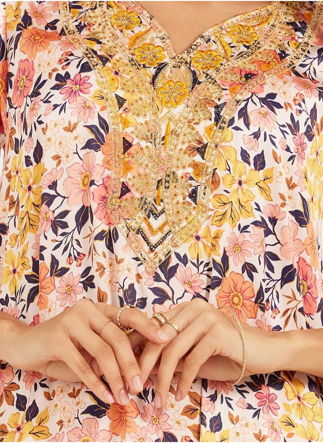 Maxim Creation Printed Embroidered V-Neck A-Line Kaftan by Styli  - Image 4
