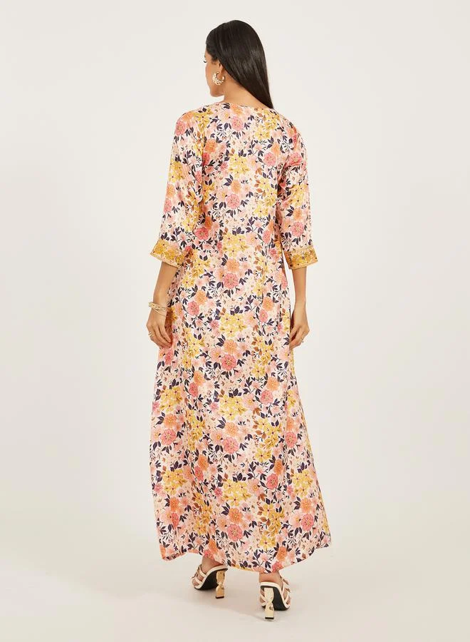 Maxim Creation Printed Embroidered V-Neck A-Line Kaftan by Styli