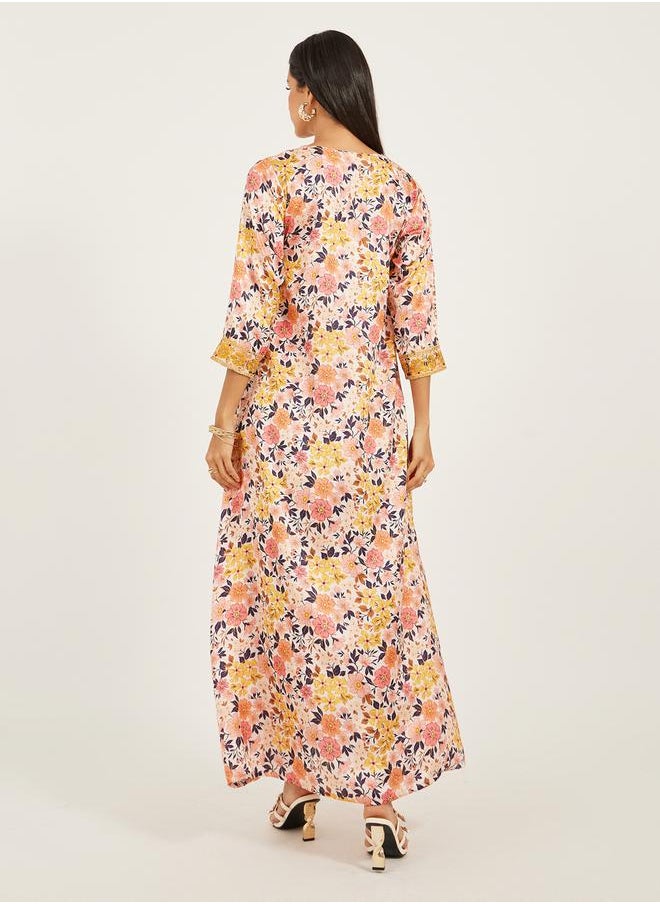 Maxim Creation Printed Embroidered V-Neck A-Line Kaftan by Styli  - Image 5