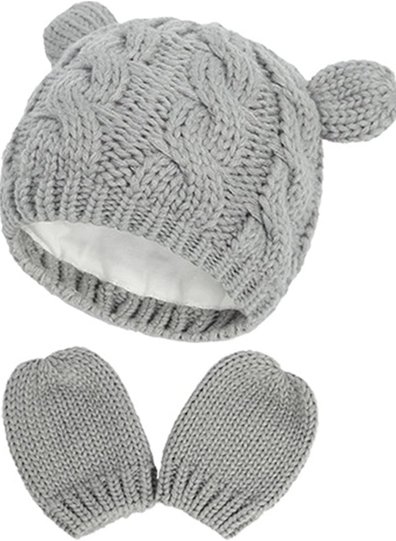 Barakah Newborn Baby Winter Beanie Hat Mittens Set Infant Toddlers Knitted Warm Cap Gloves with Ears for Boy Girl 6-18 Months - Image 1