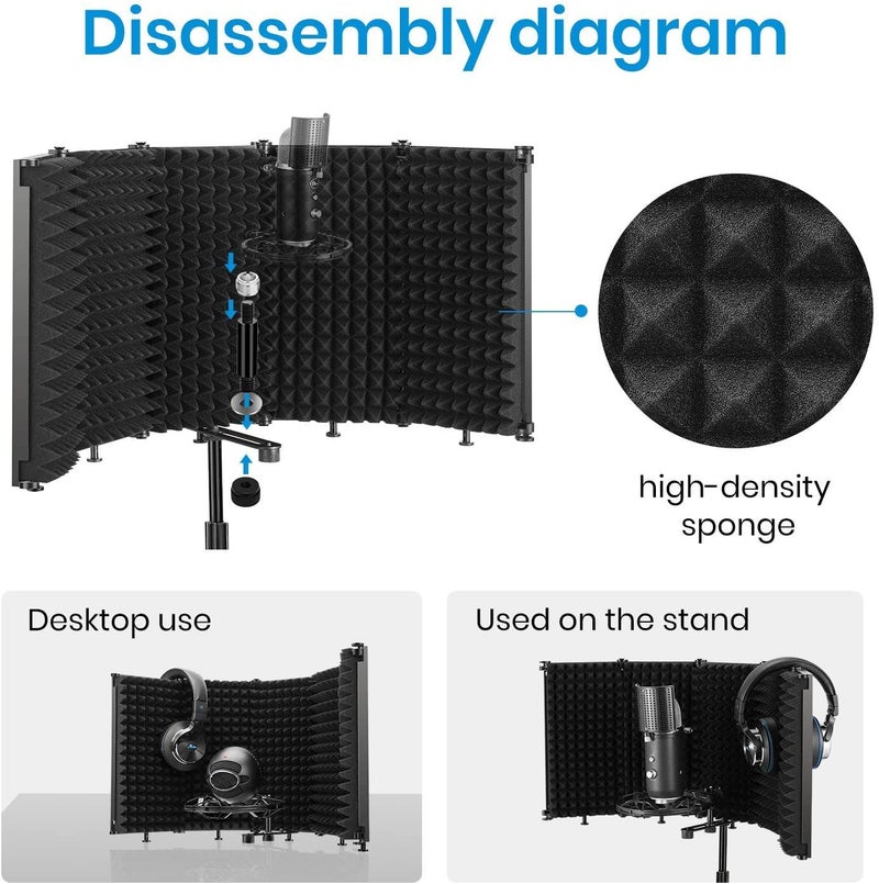 Souvenir Microphone Isolation Shield, Foldable Mic Shield with Triple Sound Insulation, Reflection Filter with 3/8" and 5/8" Mic Threaded Mount for Recording Studio, Podcasts, Singing, & Broadcasting - Image 4