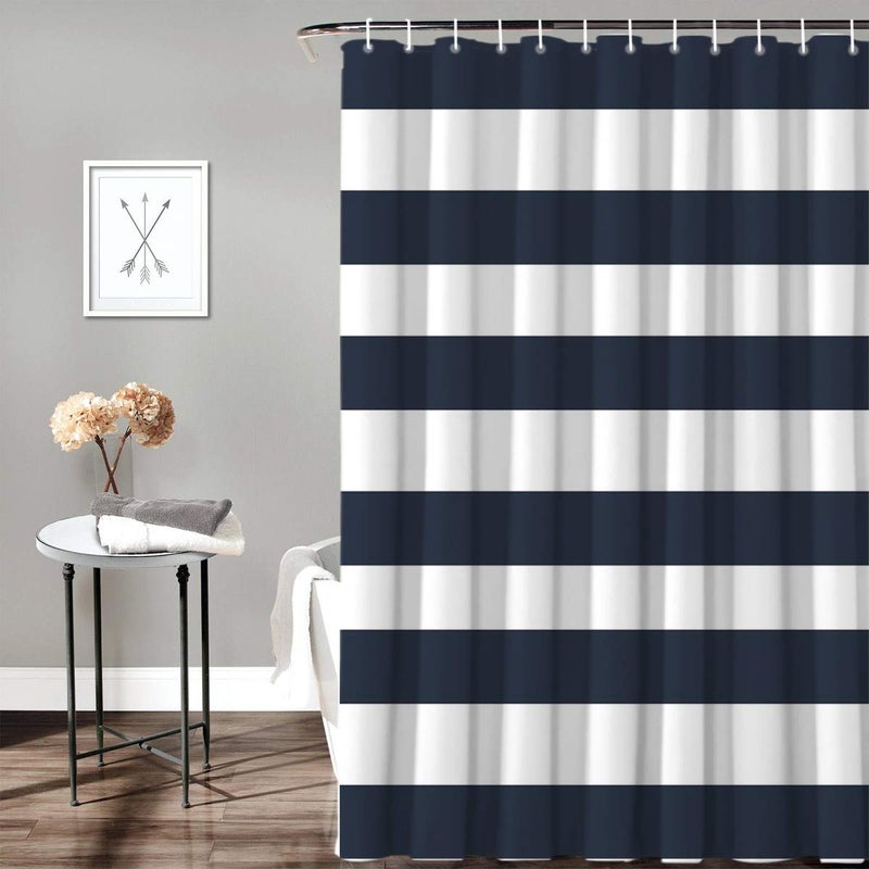 Crystal Emotion Fabric Shower Curtain: Nautical Stripe Design (Navy and White) 70" W x 72" L - Image 2