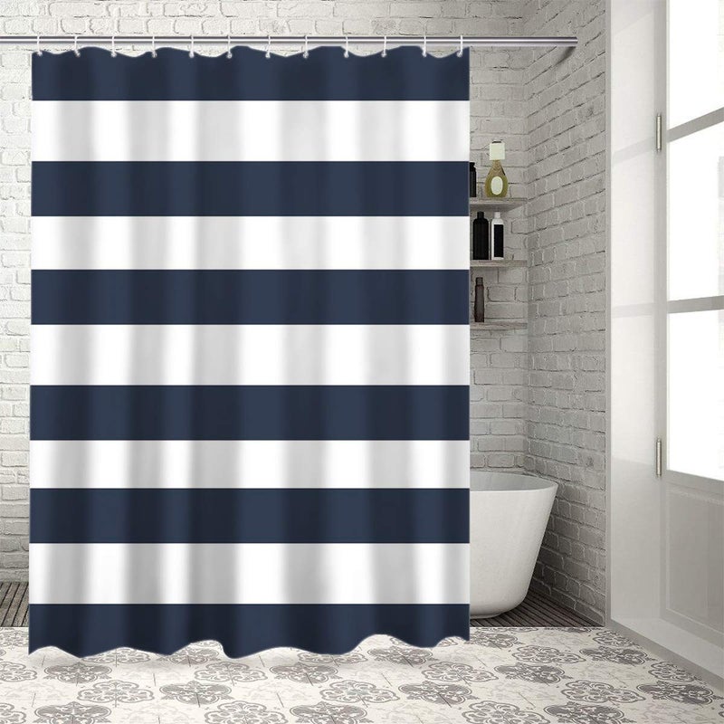 Crystal Emotion Fabric Shower Curtain: Nautical Stripe Design (Navy and White) 70" W x 72" L - Image 5
