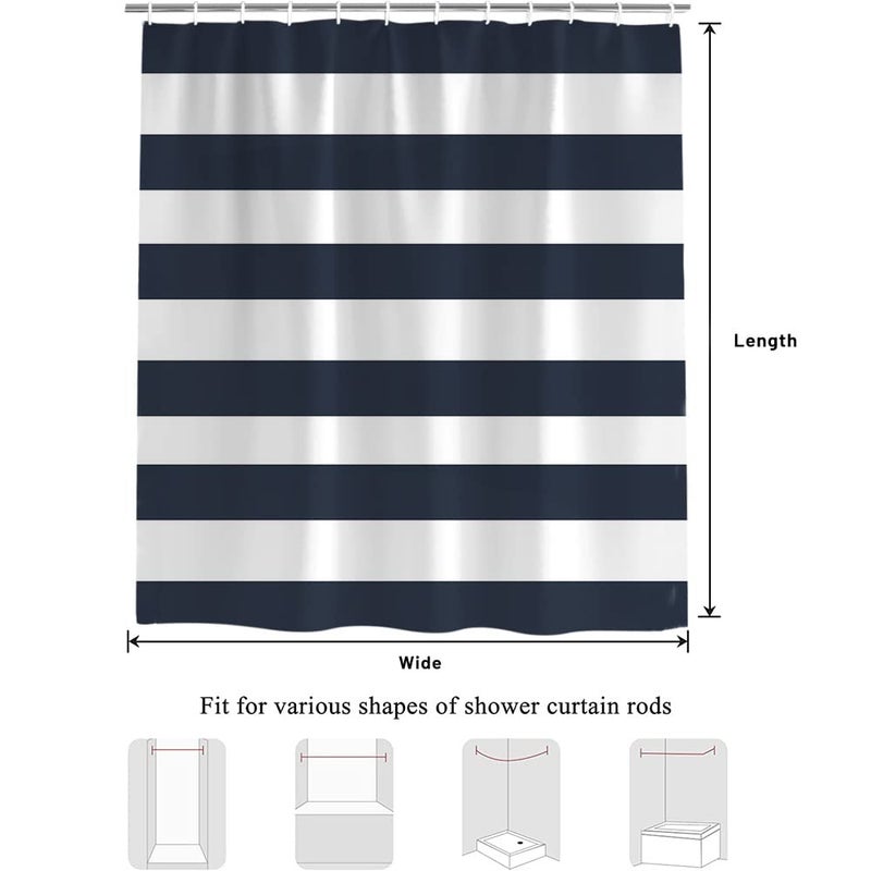 Crystal Emotion Fabric Shower Curtain: Nautical Stripe Design (Navy and White) 70" W x 72" L - Image 3