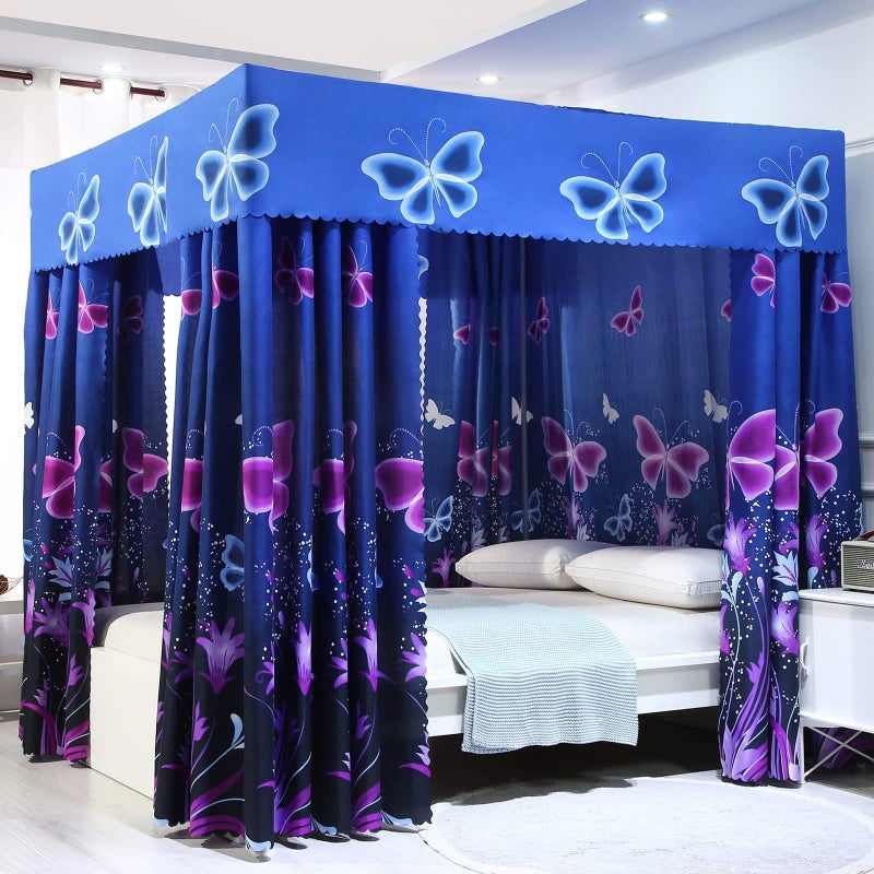 Mengersi Butterfly Four Corner Post Bed Curtain Canopy Mosquito Net for Girls Adults Kids Queen Blue