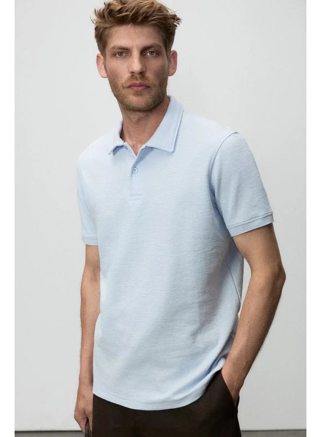 Grimelange MINNUTU Men's Organic Cotton Polo-Collared Regular Fit Blue T-Shirt.