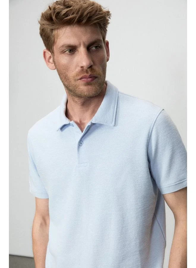 Grimelange MINNUTU Men's Organic Cotton Polo-Collared Regular Fit Blue T-Shirt.
