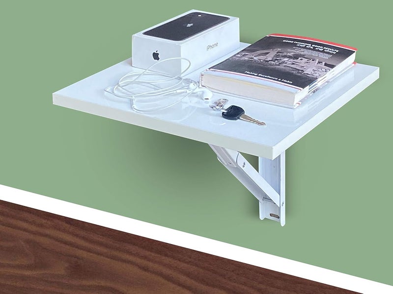 Compal Wall Mounted Folding Coffee and Tea Table DropLeaf Folding Bed Side Table and Study for Home Living Room Office Table Desk Workstation Computer Side Desk Trestle Desk White Pack of 2 - Image 2