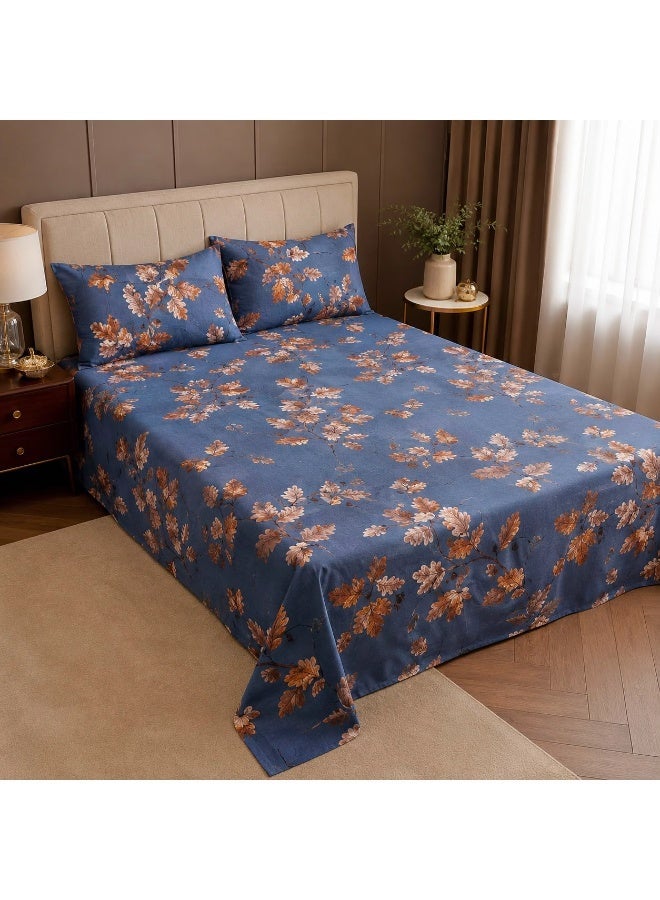 3-Piece 150 GSM Microfiber King Size Bed Sheet Set - Elegant Oak Leaf & Acorn Print on Denim Blue, Includes 1 Flat Sheet (270x250 CM) & 2 Pillowcases (50x75 CM) - Image 1