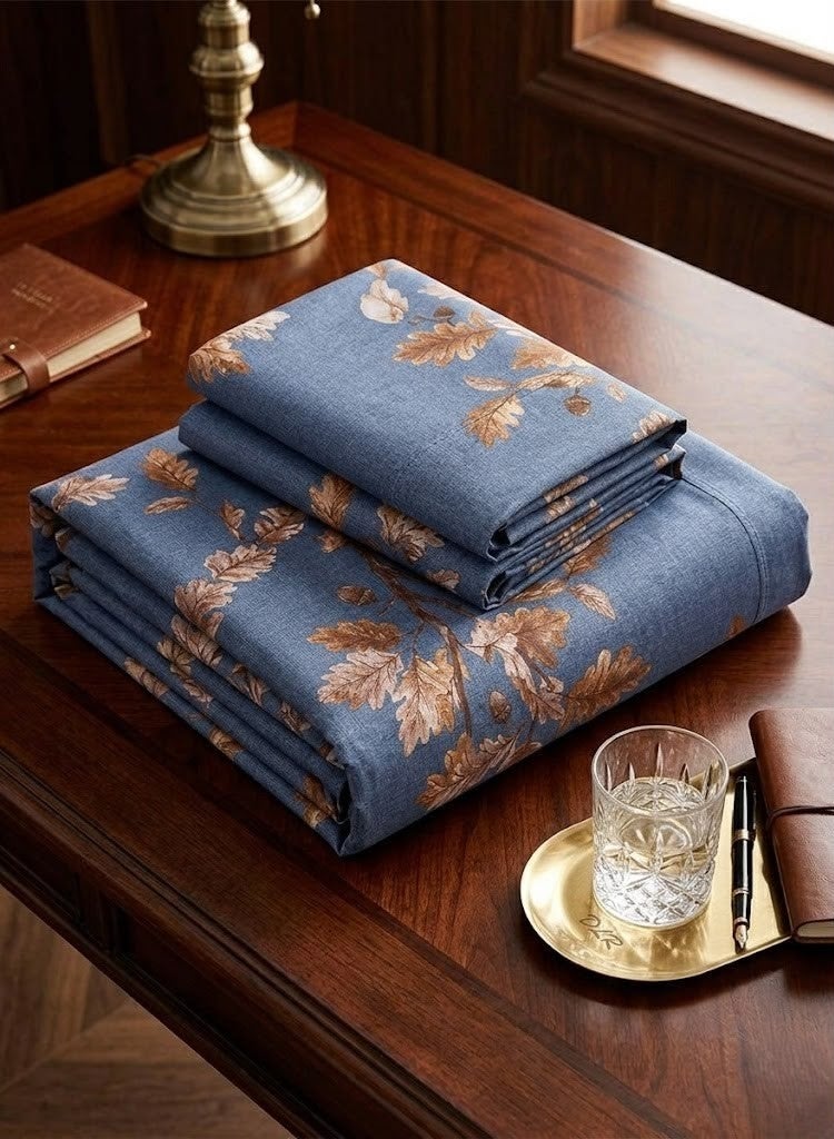 3-Piece 150 GSM Microfiber King Size Bed Sheet Set - Elegant Oak Leaf & Acorn Print on Denim Blue, Includes 1 Flat Sheet (270x250 CM) & 2 Pillowcases (50x75 CM) - Image 2