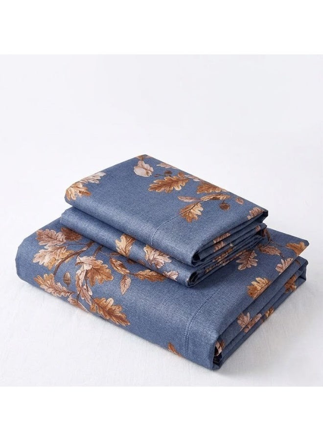 3-Piece 150 GSM Microfiber King Size Bed Sheet Set - Elegant Oak Leaf & Acorn Print on Denim Blue, Includes 1 Flat Sheet (270x250 CM) & 2 Pillowcases (50x75 CM) - Image 4