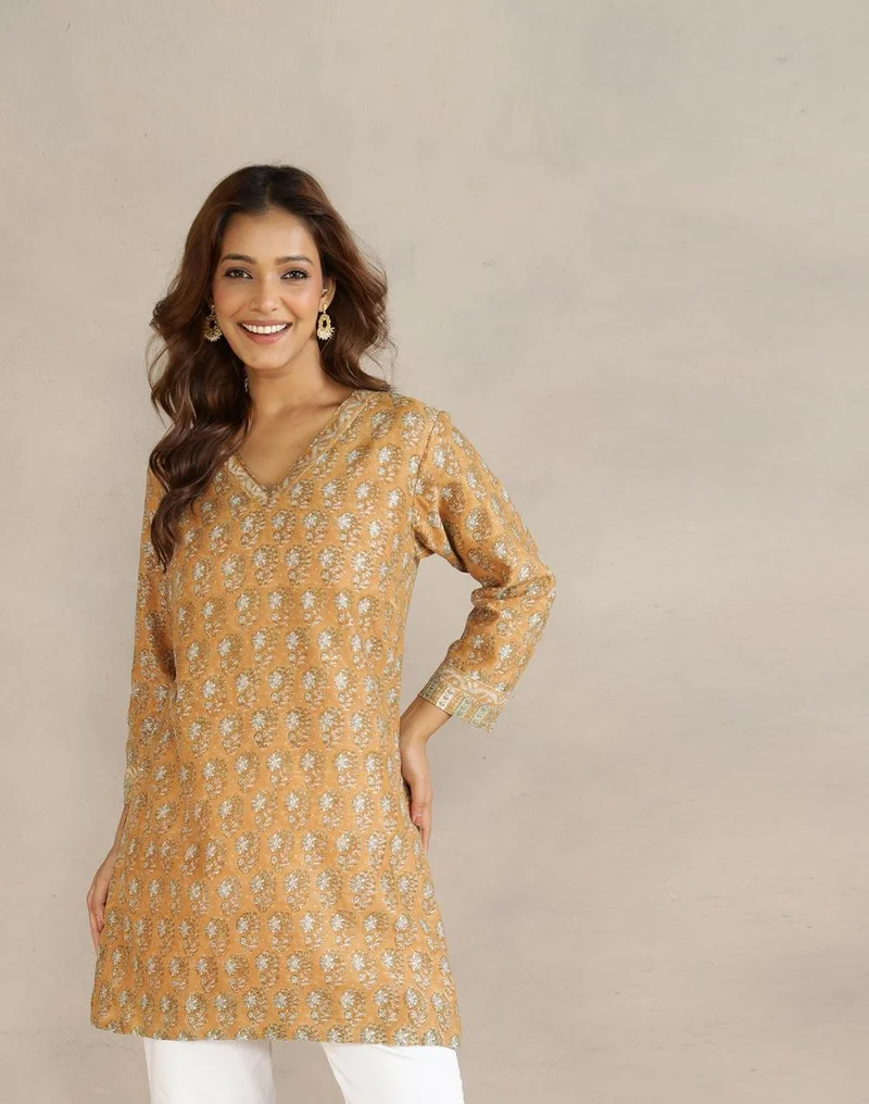 Fabindia Mustard Cotton Silk Hand Block Printed Short Kurta