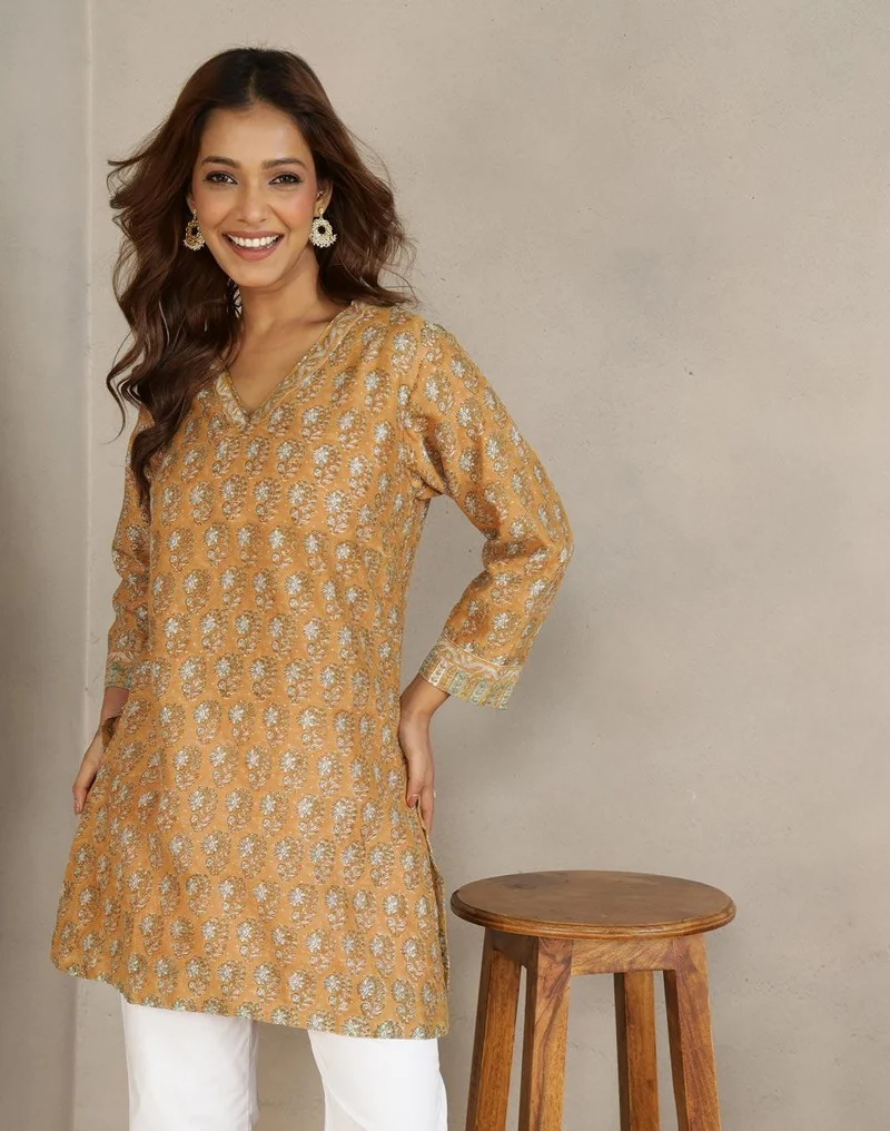 Fabindia Mustard Cotton Silk Hand Block Printed Short Kurta