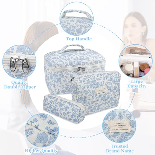 Gosect Makeup Bag, Large Quilted Cosmetic Bag, Big Floral Make Up Bag for Women Girls, Cute Cotton Makeup Bag Set, Flower Travel Toiletry Organizer Bag (Blue Flower) - Image 3