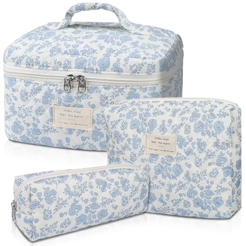 Gosect Makeup Bag, Large Quilted Cosmetic Bag, Big Floral Make Up Bag for Women Girls, Cute Cotton Makeup Bag Set, Flower Travel Toiletry Organizer Bag (Blue Flower) - Image 1