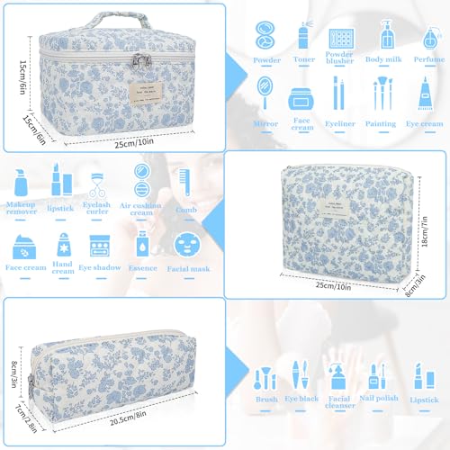 Gosect Makeup Bag, Large Quilted Cosmetic Bag, Big Floral Make Up Bag for Women Girls, Cute Cotton Makeup Bag Set, Flower Travel Toiletry Organizer Bag (Blue Flower) - Image 2