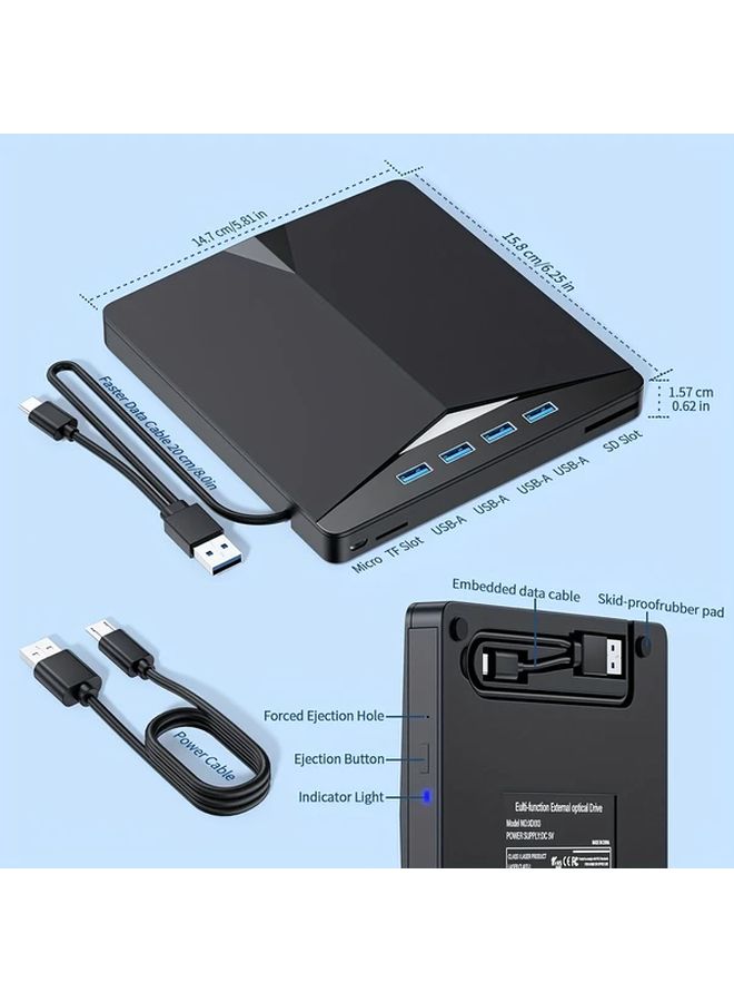 1 قطعة من محرك أقراص CD DVD محمول USB 3.0 2 في 1 أسود، للحرق والتشغيل، متوافق مع أجهزة الكمبيوتر المحمولة والمكتبية وأجهزة Mac، يعمل بالطاقة عبر USB ولا يحتاج إلى بطارية، تصميم مضغوط للاستخدام المنزلي والمكتبي، نقل بيانات متعدد الاستخدامات، اتصال عالي الجودة، مشغل DVD محمول للتلفزيون وملحقات الكمبيوتر المحمول - Image 2