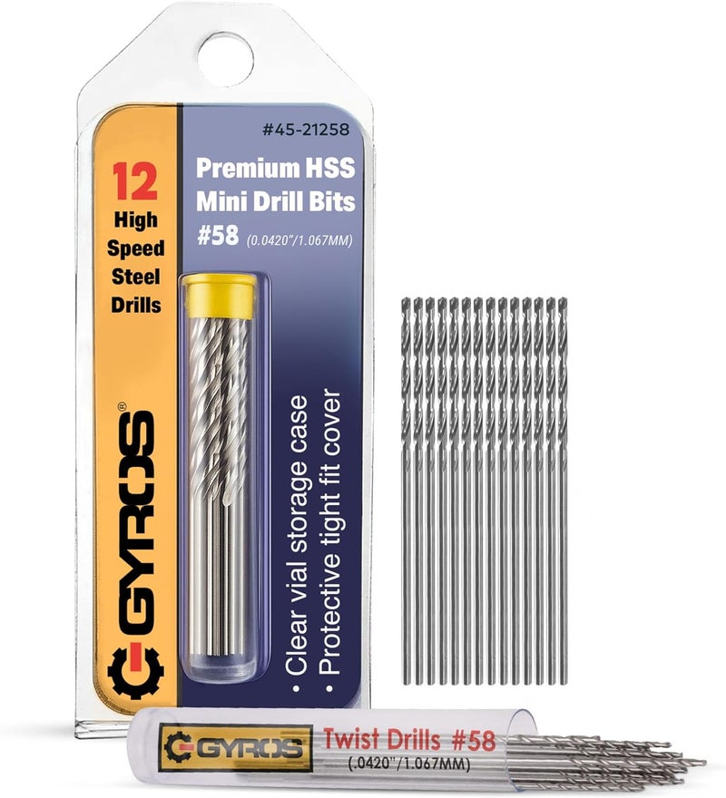 Gyros Mini Twist Drill Bits Set #58 - 12 High Speed Steel Precision Micro Drill Bits with Clear Storage Vial - Image 1