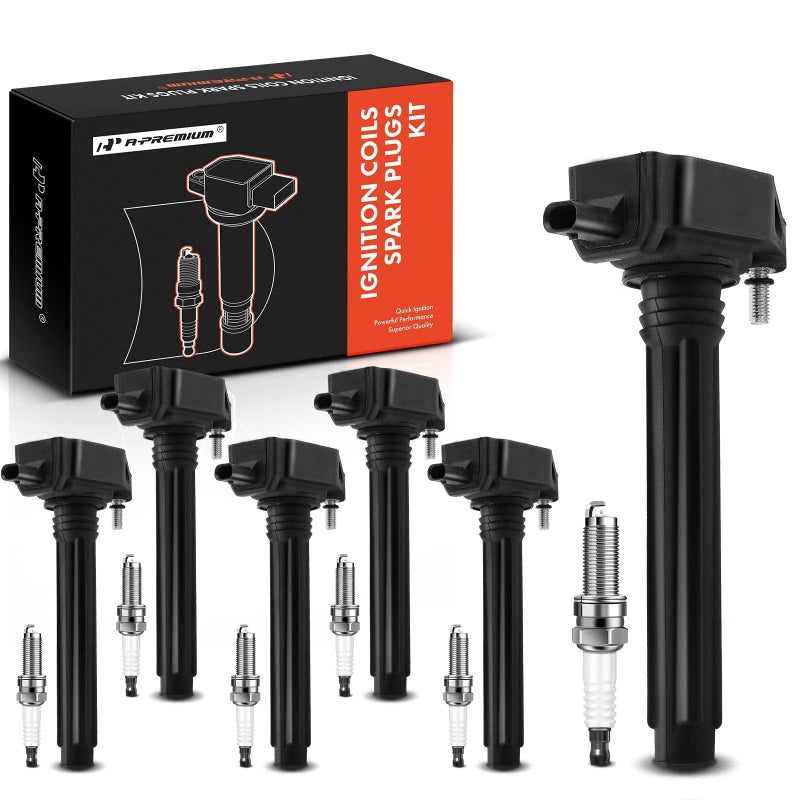 A-Premium Set of 6 (Black) Ignition Coil Pack and Iridium Spark Plugs Compatible with Jeep Grand Cherokee 2011-2015, Wrangler 2012-2017 & Dodge Grand Caravan 2011-2020, V6 3.6L - Image 1