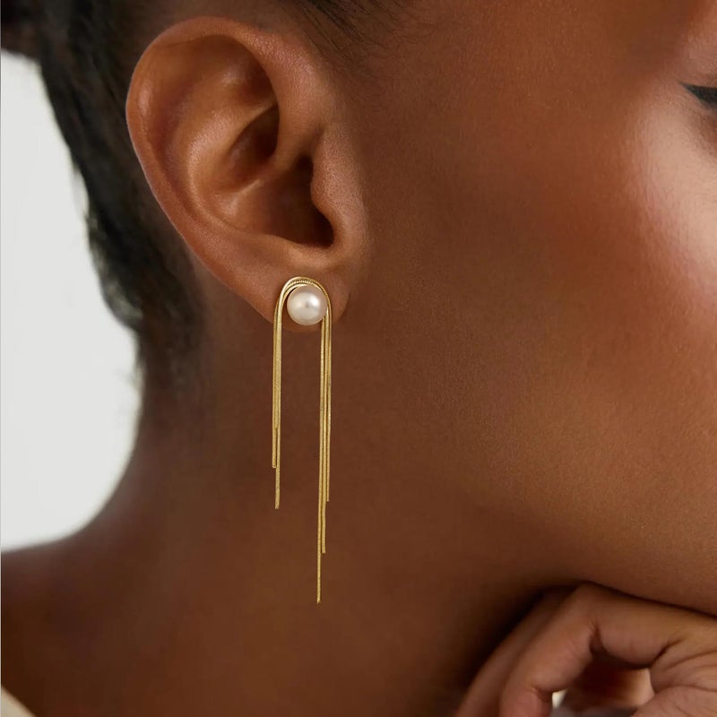 Robaice Gold Dangle Earrings for Women Dainty Long Tassel Pearl Drop Earrings Trendy, Hypoallergenic Dangling Snake Chain Earrings for Women Jewelry - Image 2