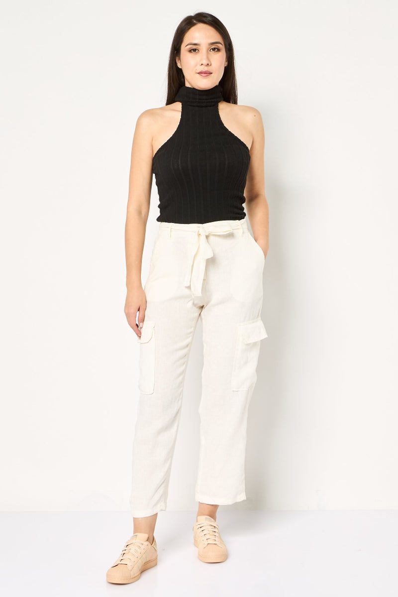 promod Women Regular Fit Solid Cargo Pants, Ivory - Image 3