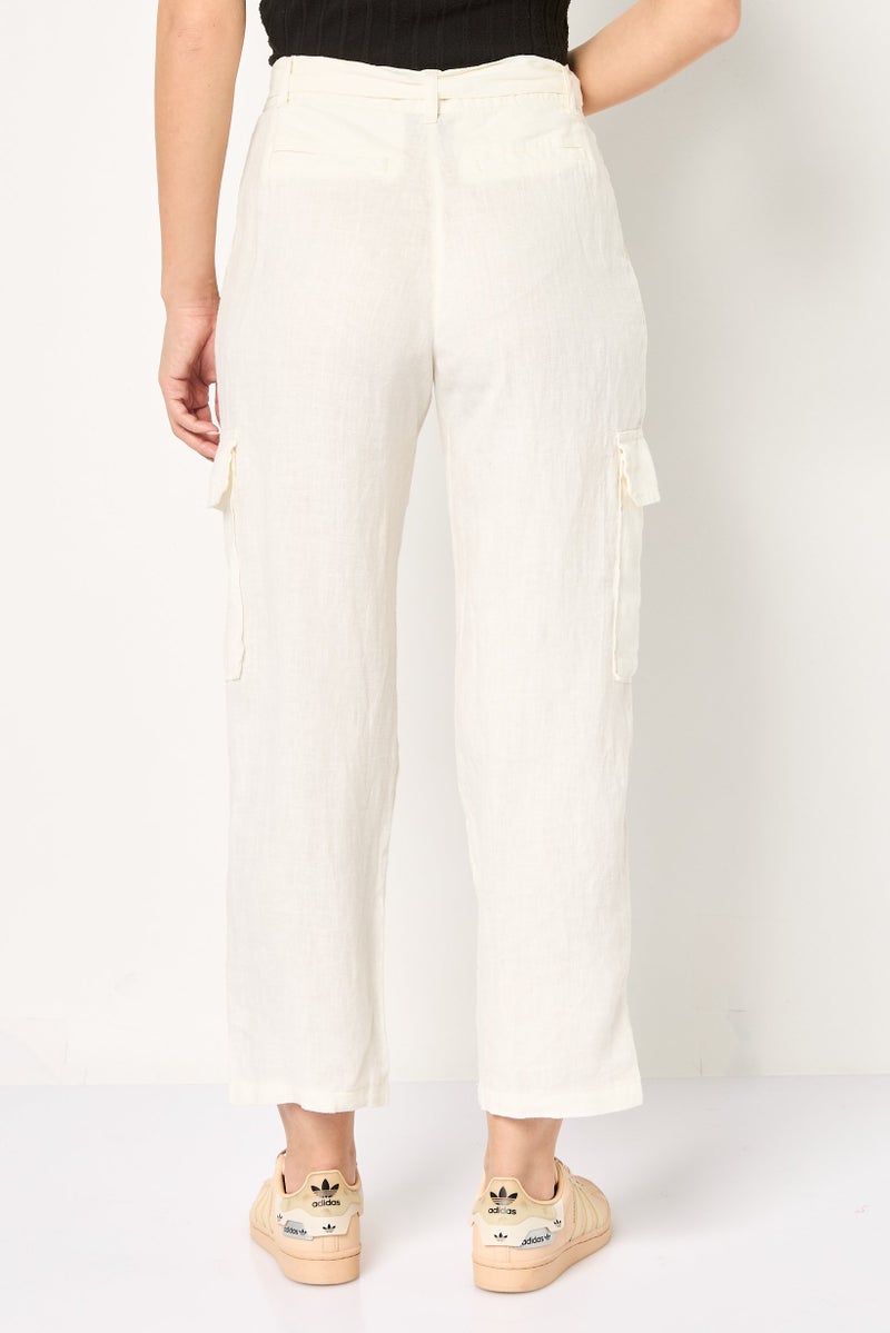 promod Women Regular Fit Solid Cargo Pants, Ivory - Image 2