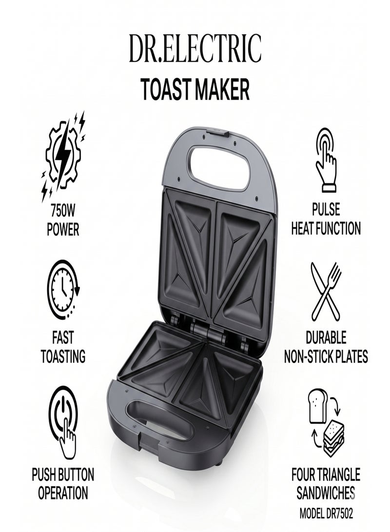 DR.ELECTRIC 750W Toast Maker, Non-Stick Plates, 4 Triangle Sandwiches, Black & Grey, DR7502 - Image 1