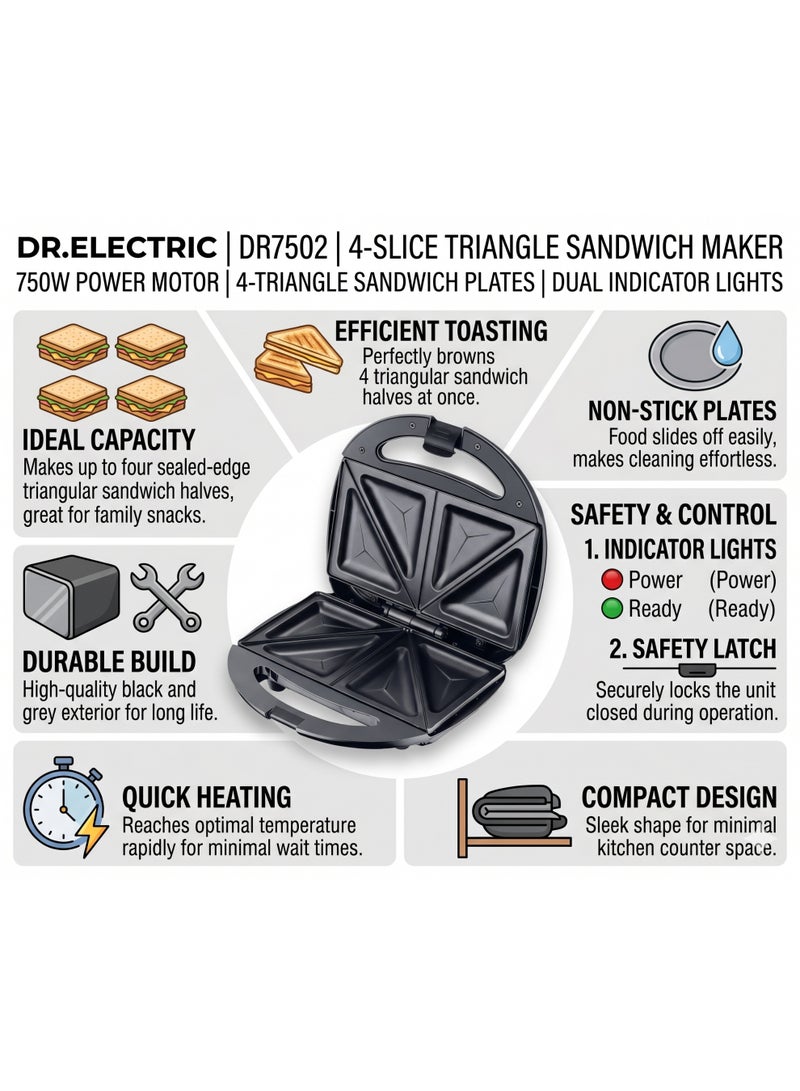DR.ELECTRIC 750W Toast Maker, Non-Stick Plates, 4 Triangle Sandwiches, Black & Grey, DR7502 - Image 2