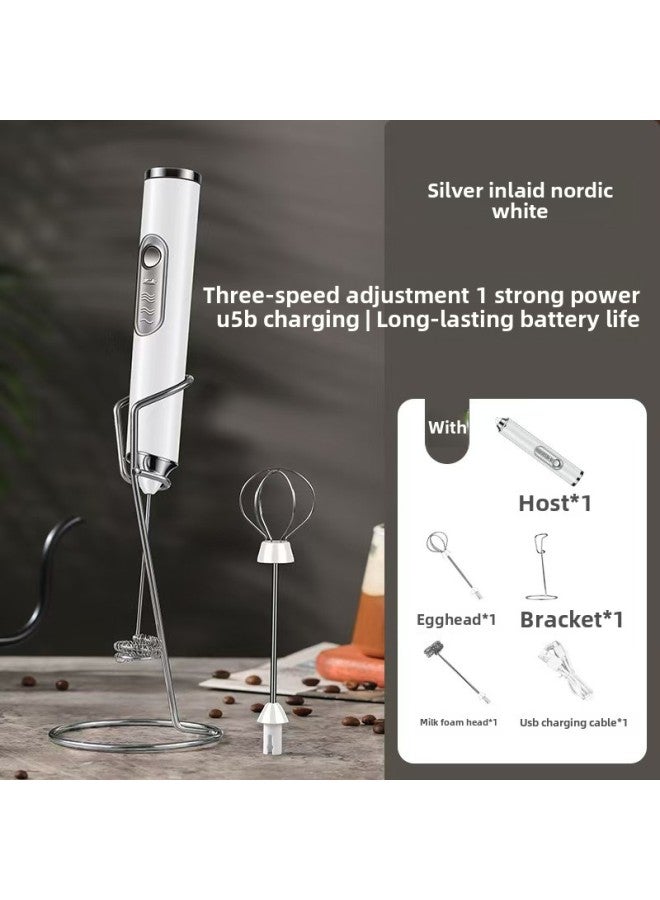 Coffee And Milk Frother Household Milk Frother Electric Charging Wireless Handheld Cake Cream Baking Egg Beater-Color:S-3 White Double Head + Stainless Steel Frame (hot Model On Various Platforms) - Image 1