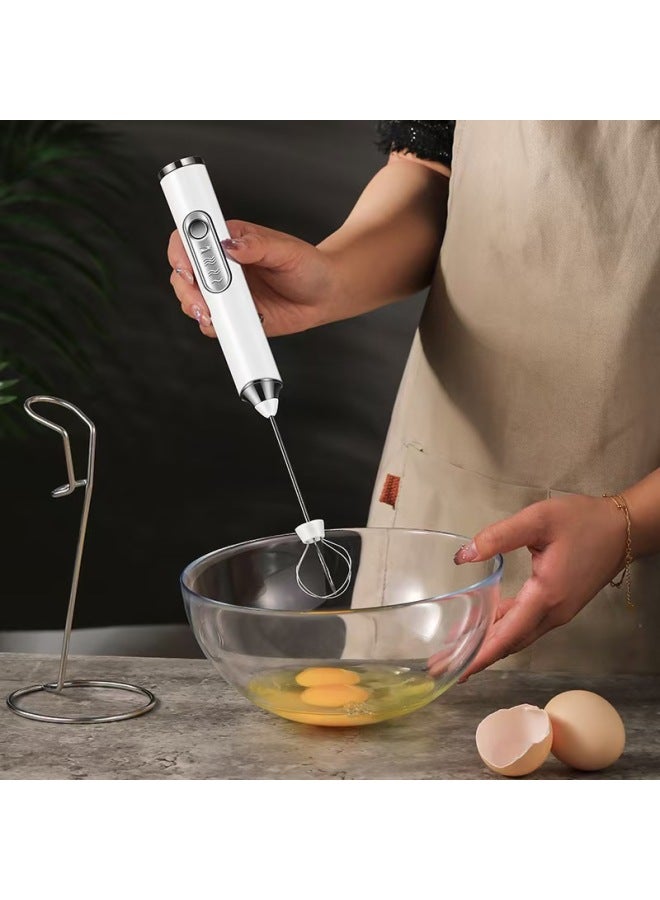 Coffee And Milk Frother Household Milk Frother Electric Charging Wireless Handheld Cake Cream Baking Egg Beater-Color:S-3 White Double Head + Stainless Steel Frame (hot Model On Various Platforms) - Image 4