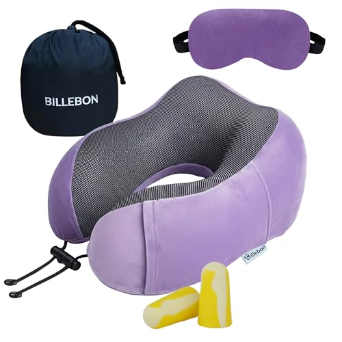 Billebon Neck Pillow for Travel – Comfortable Memory Foam Support, U-Shape Ergonomic Design, Portable for Flight Journeys, Lightweight Compact Build, Soft Washable Cover (Lavender with Eye Mask) - Image 1