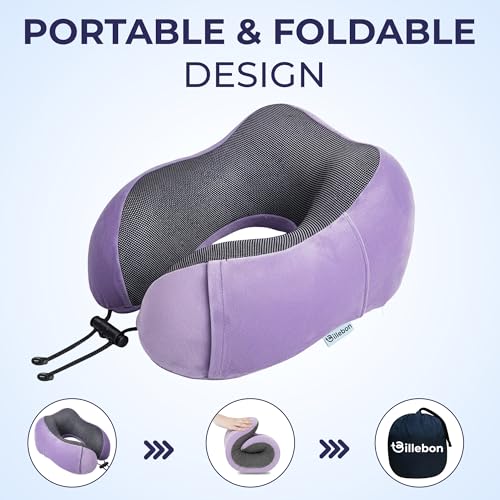 Billebon Neck Pillow for Travel – Comfortable Memory Foam Support, U-Shape Ergonomic Design, Portable for Flight Journeys, Lightweight Compact Build, Soft Washable Cover (Lavender with Eye Mask) - Image 4