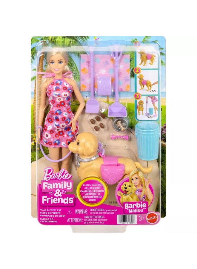Barbie مجموعة ألعاب باربي العائلة والأصدقاء باربي "ماليبوا" للمشي والحمام للكلب - Image 1