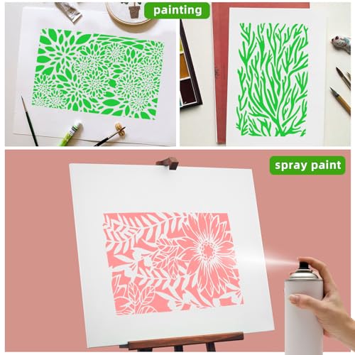 Notoke 16 PCS Stencils for Painting Mixed Stencils for Crafts Reusable, 11''×7'' Wood Grains Flower Spray Paint Stencil Texture Templates Spider Web, Layering Stencil Templates for DIY Scrapbook - Image 3