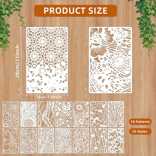 Notoke 16 PCS Stencils for Painting Mixed Stencils for Crafts Reusable, 11''×7'' Wood Grains Flower Spray Paint Stencil Texture Templates Spider Web, Layering Stencil Templates for DIY Scrapbook - Image 2