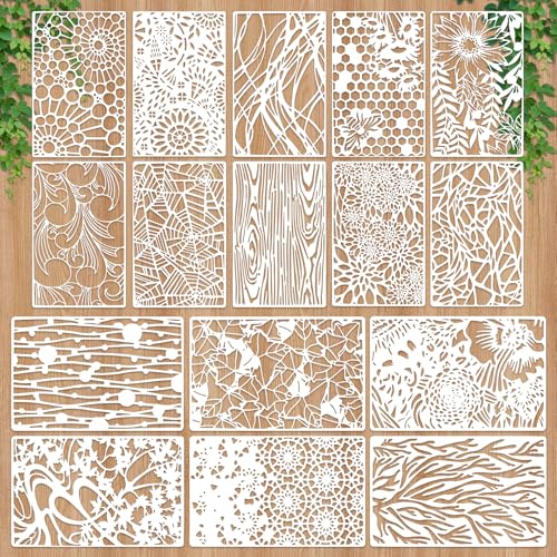 Notoke 16 PCS Stencils for Painting Mixed Stencils for Crafts Reusable, 11''×7'' Wood Grains Flower Spray Paint Stencil Texture Templates Spider Web, Layering Stencil Templates for DIY Scrapbook - Image 1