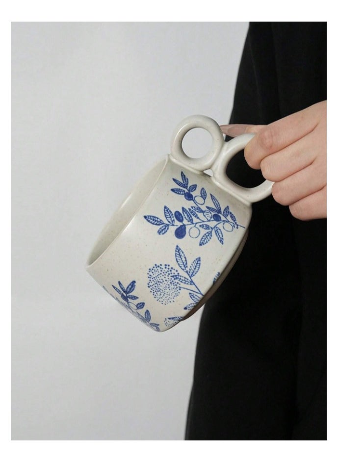 Qahwa White ceramic mug with elegant blue print and double handle provides exceptional comfort and modern elegance.  - Image 2
