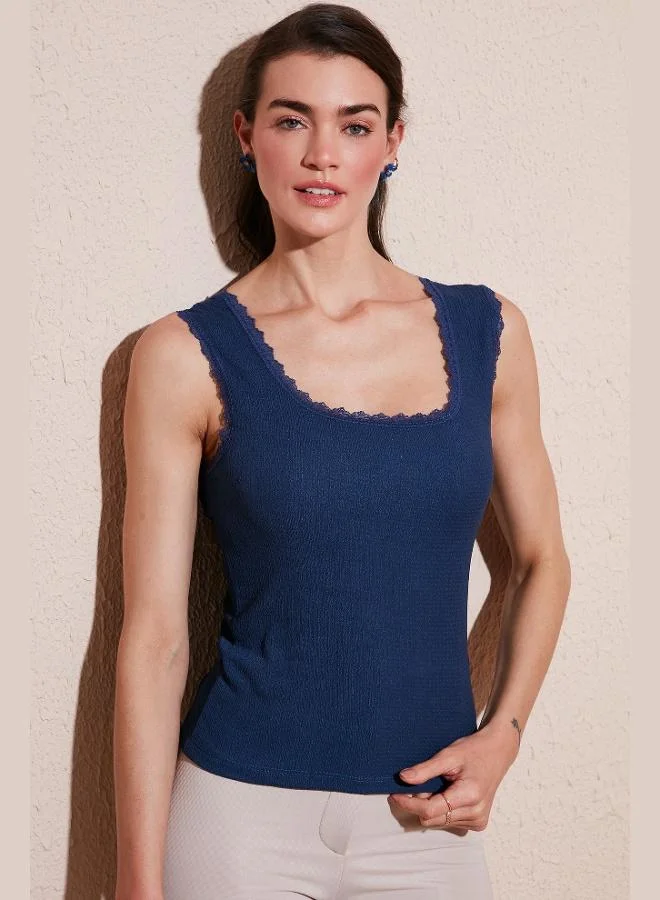 Lela Lela Slim Fit Thick Strap Lace Square Neck Crinkle Tank Top Women's Tank Top 5864979