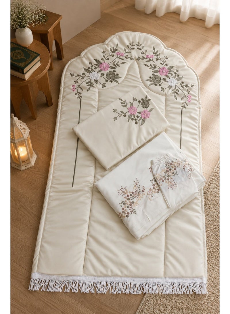 Padded prayer mat set with open prayer shawl, embroidered with luxurious roses – 3 pieces – soft and comfortable fabric – elegant gift for women – suitable for everyday use, Ramadan, and Eid - Image 1