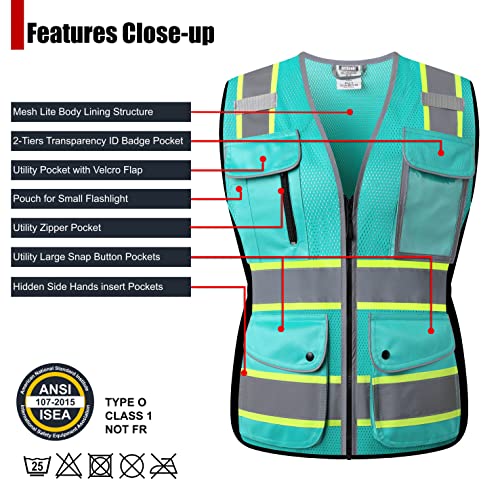 HATAUNKI High Visibility Reflection Peacock Mesh Safety Vests with 9 Pockets and Front Zipper, hi vis safety vest for Women, Meets ANSI/ISEA Standards(Peacock-16,S) - Image 3