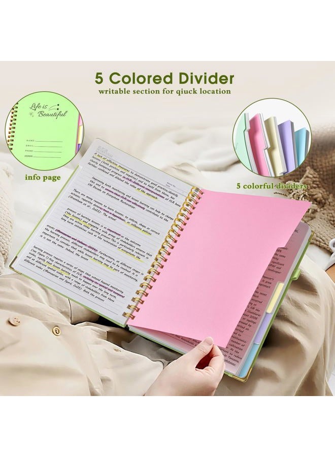 dilitego Hardcover Spiral Notebooks for Work, 5 Subject Notebook College Ruled with Dividers Tabs, Lined Organizer Notebook Journal for women, 240 Pages Small A5 Notebooks for School Note taking, 5x7 Green - Image 3