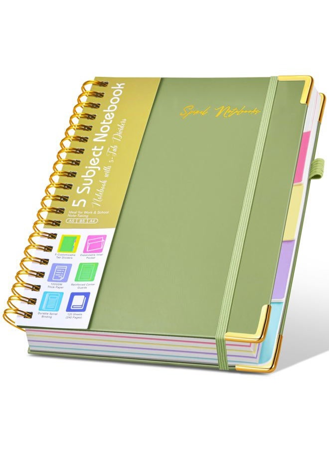 dilitego Hardcover Spiral Notebooks for Work, 5 Subject Notebook College Ruled with Dividers Tabs, Lined Organizer Notebook Journal for women, 240 Pages Small A5 Notebooks for School Note taking, 5x7 Green - Image 1