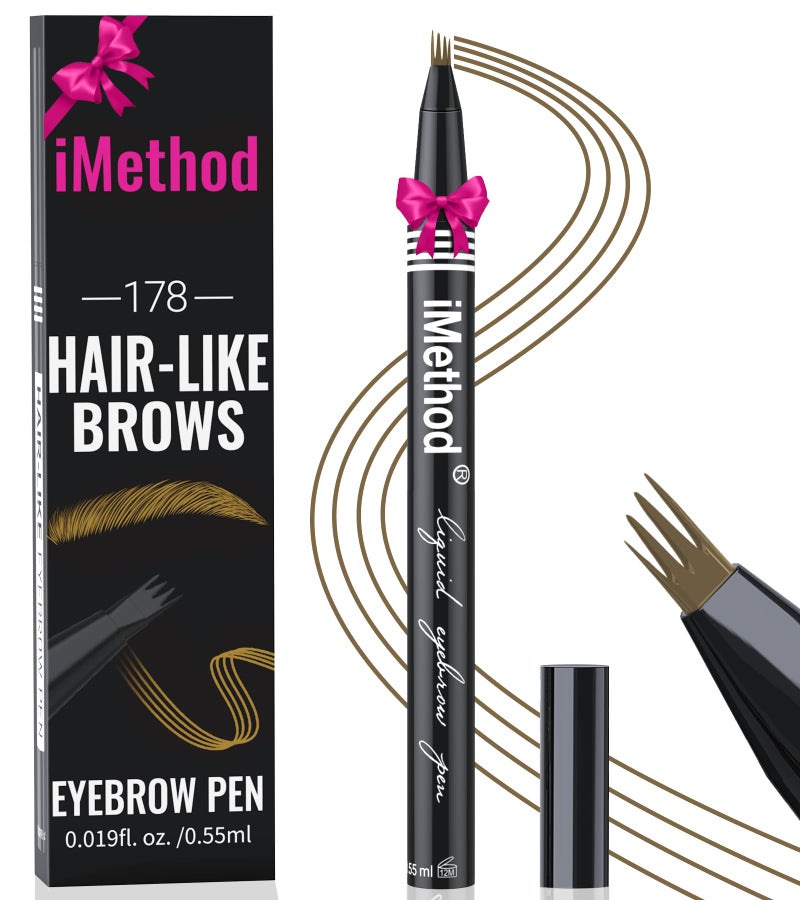 iMethod قلم حواجب iMethod - قلم ميكروبليدنج للحواجب، قلم حواجب برأس 4 شقوق ميكرو للحصول على حواجب طبيعية تشبه الشعر، أقلام حواجب تدوم طويلاً للنساء، مقاوم للماء، بني - Image 1