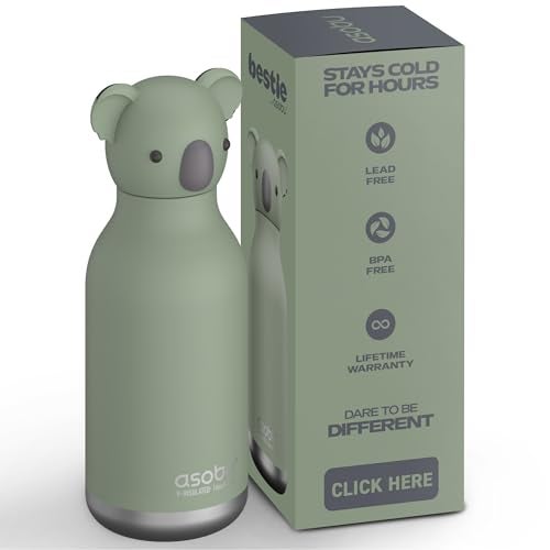 asobu Bestie Bottle Insulated Stainless Steel Water Bottle with Detachable Soft Animal Head Fun Drinking For Kids and Teens with Flexible Reusable Straw 16 Ounce Koala - Image 1