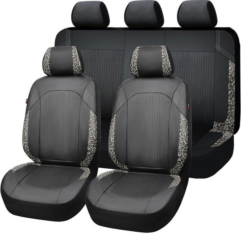 Flying Banner Synthetic Leather car seat Covers Full Set Front and Rear Bench Fashion Easy Installation Cup Holder Free (Black & Leopard Gray Print, Low Bucket - Full Set) - Image 1
