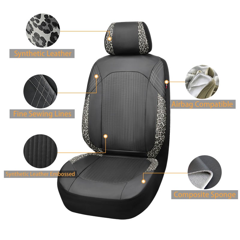 Flying Banner Synthetic Leather car seat Covers Full Set Front and Rear Bench Fashion Easy Installation Cup Holder Free (Black & Leopard Gray Print, Low Bucket - Full Set) - Image 2