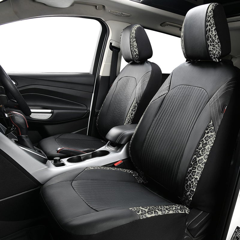Flying Banner Synthetic Leather car seat Covers Full Set Front and Rear Bench Fashion Easy Installation Cup Holder Free (Black & Leopard Gray Print, Low Bucket - Full Set) - Image 3