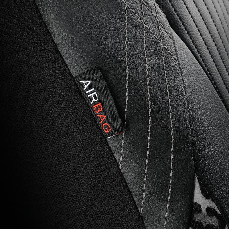Flying Banner Synthetic Leather car seat Covers Full Set Front and Rear Bench Fashion Easy Installation Cup Holder Free (Black & Leopard Gray Print, Low Bucket - Full Set) - Image 5