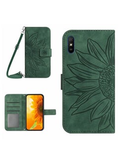 HuHa Case Cover For Xiaomi Redmi 9A / 9i Skin Feel Sun Flower Pattern Flip Leather Phone Case with Lanyard Green 